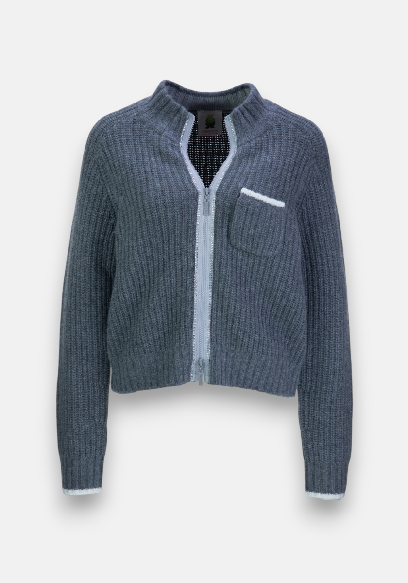 A cropped, ribbed Strickjacke by Princess Goes Hollywood in heathered dark gray wool-cashmere mix features a white zipper, high collar, long sleeves, and white-trimmed cuffs, hem, and chest pocket.