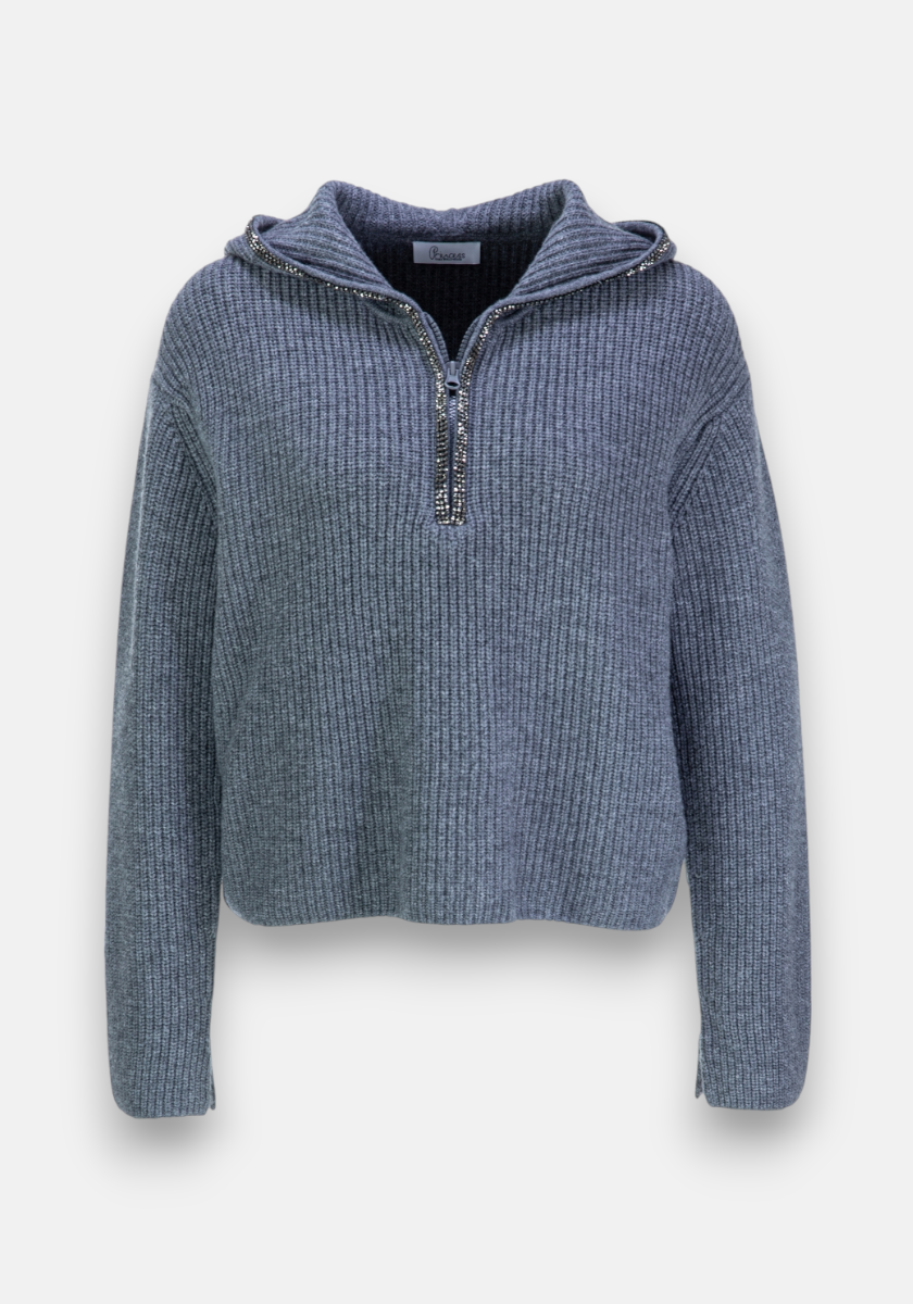 A gray, ribbed knit sweater from Princess Goes Hollywood in a Wolle-Kaschmir-Mix features long sleeves, a slightly cropped fit, half-zip front with silver zipper, and wide collar for warmth. Displayed on a plain white background.