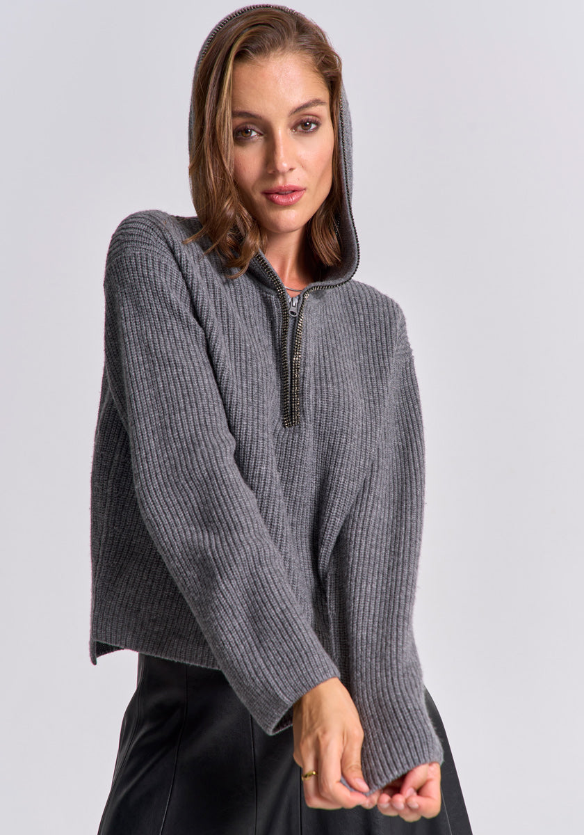 Knitted hoodie with rhinestone hood