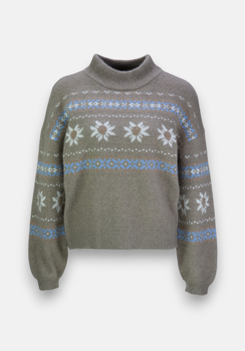 A gray Princess Goes Hollywood Nerzwolle Jacquard pullover with a high stand-up collar features white and blue snowflake patterns on the chest, sleeves, and hem. The relaxed fit has long puffed sleeves and ribbed cuffs for added comfort.
