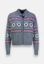 A grey button-up cardigan by Princess Goes Hollywood, with ribbed cuffs, hem, and a fold-over Stehkragen. Features a knitted pattern with white, pink, and black floral and geometric designs.