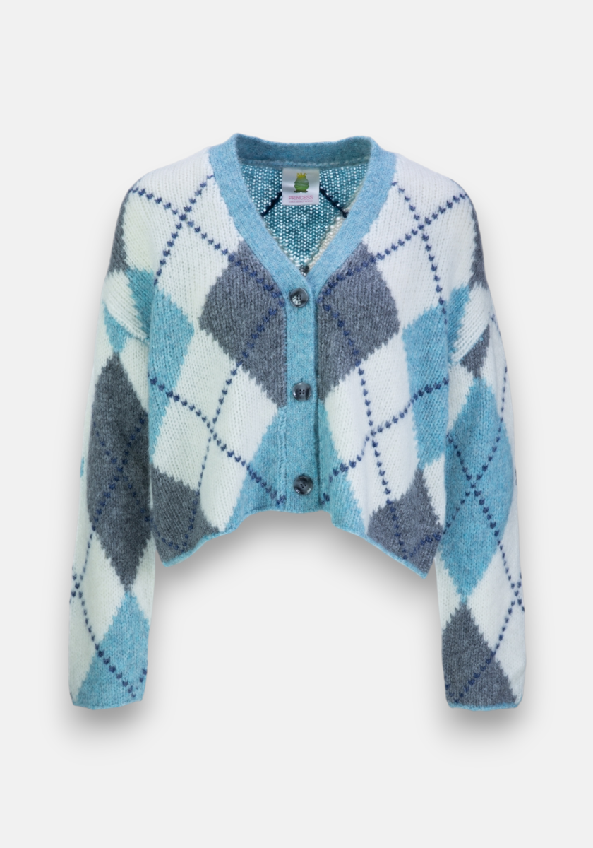 Princess Goes Hollywood cropped long-sleeve cardigan with blue, gray, and white argyle pattern, V-neckline, three front buttons, ribbed cuffs, and a relaxed boxy fit. Made from soft wool-alpaca blend.