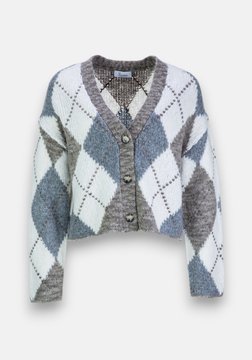 The Princess Goes Hollywood cropped Strickjacke features a V-neckline, large buttons, and a gray-white-blue Argyle-Muster. Made from soft Wolle-Alpaka-Mix with ribbed cuffs and hem, textured knit, and set against a plain white background.