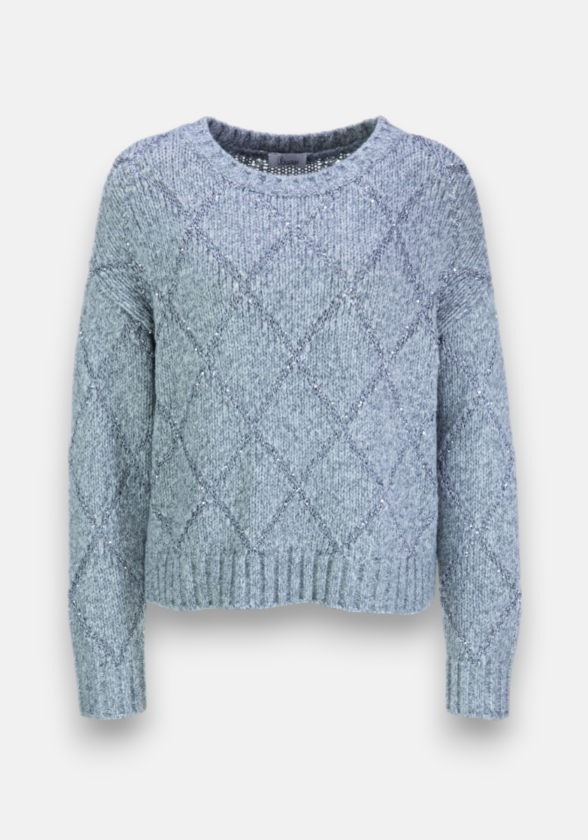 A light gray Strickpullover by Princess Goes Hollywood with a round neckline and diamond Argyle pattern. This long-sleeve knit sweater features ribbed cuffs, hem, and collar, shown against a plain white background.