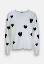 A white Feinstrickpullover by Princess Goes Hollywood with a V-neckline and ruffled edges, detailed with black Herz-Muster on the front, sleeves, and shoulders. The Wolle-Kaschmir-Mix fabric offers a soft, cozy feel for ultimate comfort.