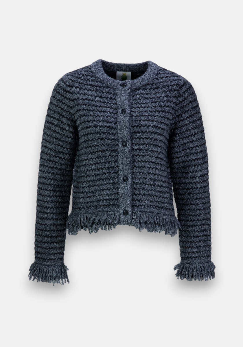 A dark blue Bouclé-style knit cardigan by Princess Goes Hollywood features a round neckline, long sleeves, horizontal ridges, fringe at hem and cuffs, and front button closures, shown on a plain white background.