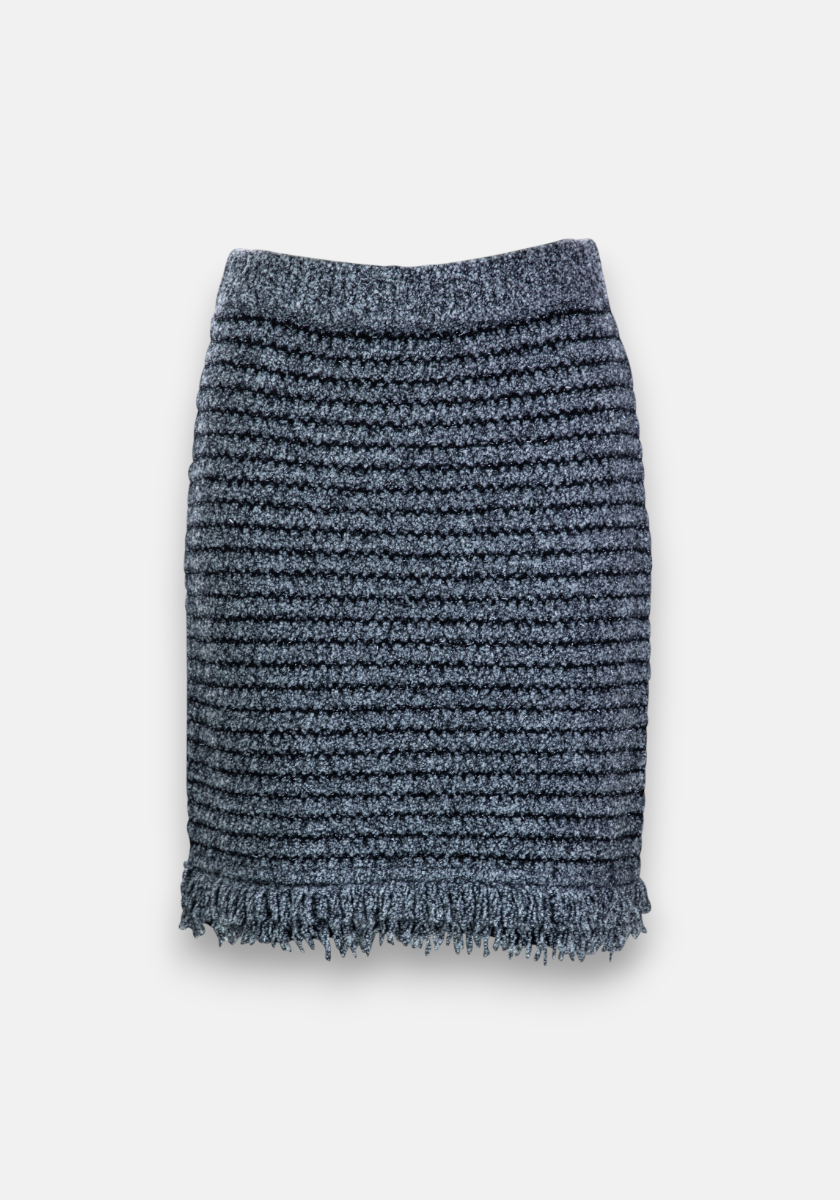 A textured, dark gray Minirock by Princess Goes Hollywood with horizontal ribbed patterns, a straight silhouette, fringed hem, and thick Bouclé-style fabric—perfect for a cozy, stylish look on cooler days.