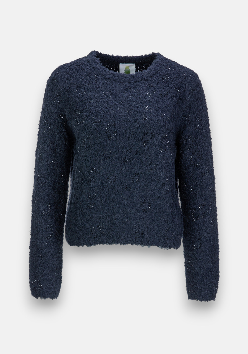 A navy blue, long-sleeved pullover sweater by Princess Goes Hollywood featuring a crew neckline. Made from a soft Wolle-Alpaka-Mix with slightly fluffy, textured fabric. Photographed from the front against a plain light background.