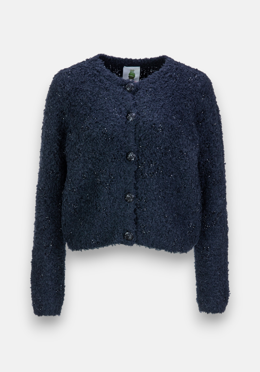 A dark navy blue Strickjacke by Princess Goes Hollywood with long sleeves and a fuzzy bouclé-like texture, crafted from a cozy Wolle-Alpaka-Mix. Features a round neckline, four matching buttons, and a slightly cropped hem for comfort.
