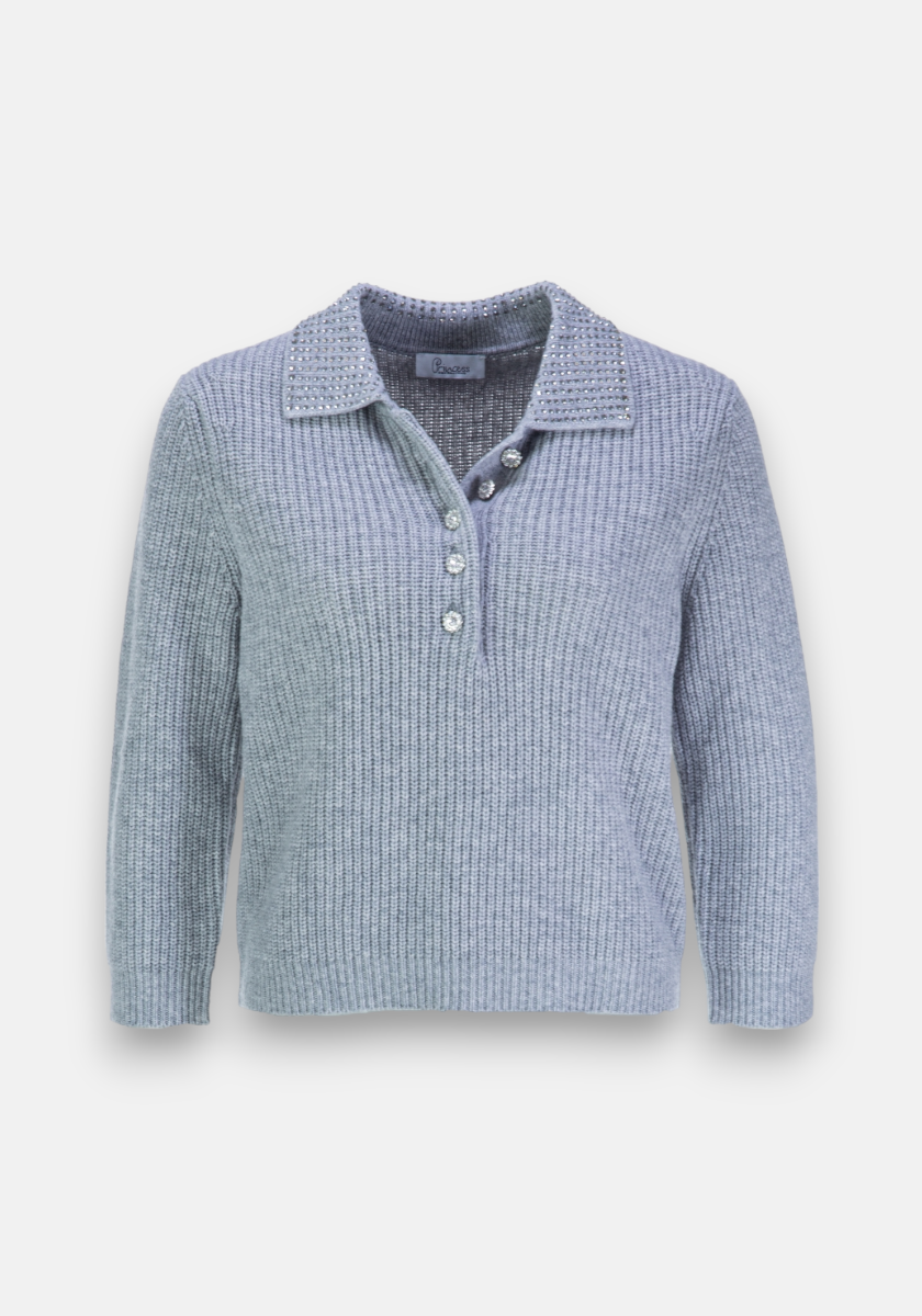 A light grey, long-sleeve knit sweater by Princess Goes Hollywood with a ribbed texture, Polokragen neckline, three glossy front buttons, and a relaxed fit. Shown against a plain white background.