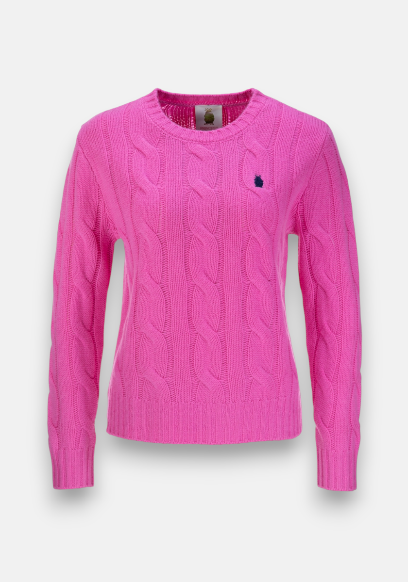 A bright pink long-sleeve Zopfstrick sweater from Princess Goes Hollywood in a wool-cashmere blend with a round neckline, ribbed cuffs/hem, regular fit, and small blue embroidered logo on the left chest. Plain white background.