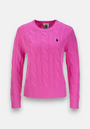 A bright pink long-sleeve Zopfstrick sweater from Princess Goes Hollywood in a wool-cashmere blend with a round neckline, ribbed cuffs/hem, regular fit, and small blue embroidered logo on the left chest. Plain white background.