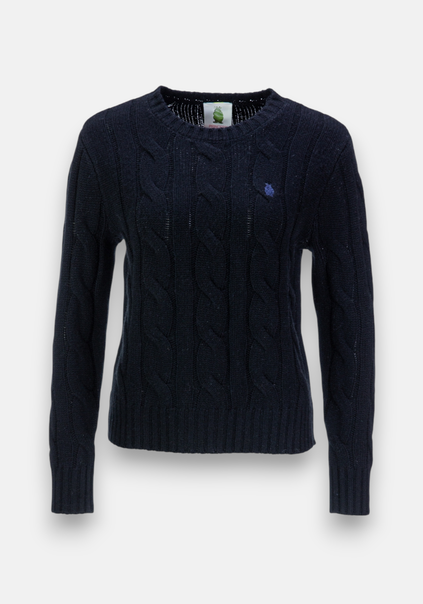 A black, long-sleeve Princess Goes Hollywood Zopfstrick Wolle-Kaschmir-Mix pullover with a round neckline, ribbed cuffs and hem, Regular Fit, and a small blue embroidered logo on the left chest.