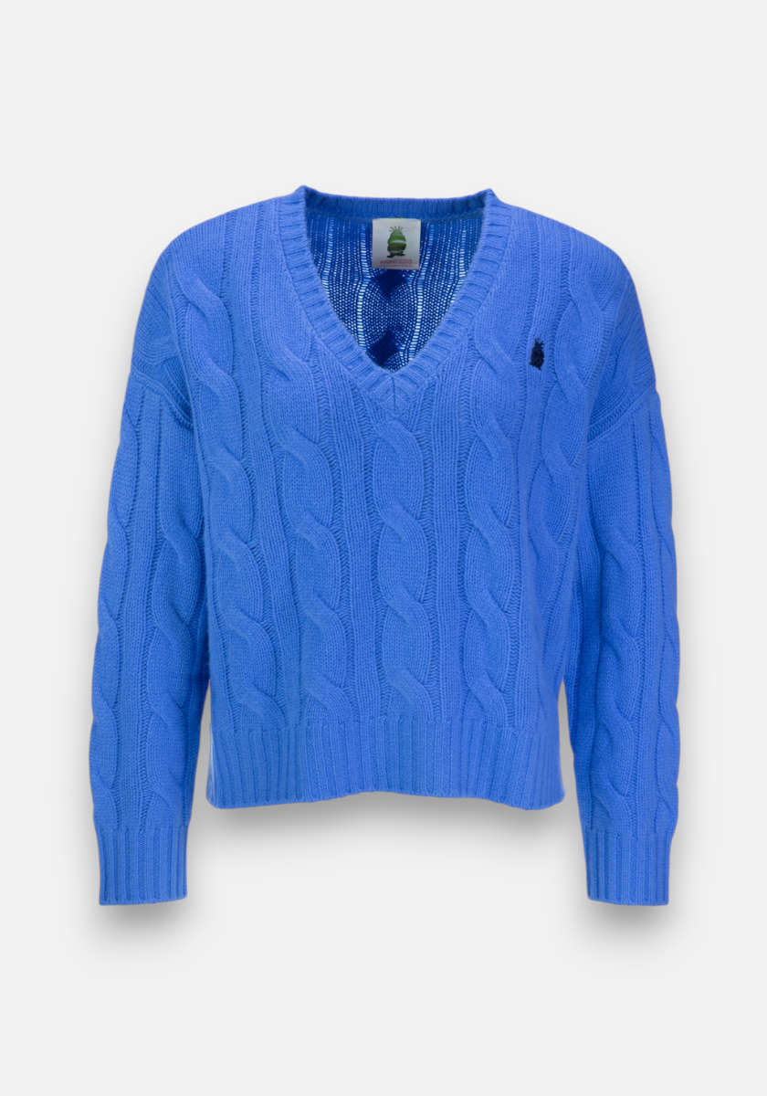 A cobalt blue wool-cashmere blend V-neck Zopfstrick pullover by Princess Goes Hollywood with ribbed cuffs and hem, a small black embroidered logo on the left chest, visible neck tag, shown on a plain white background.