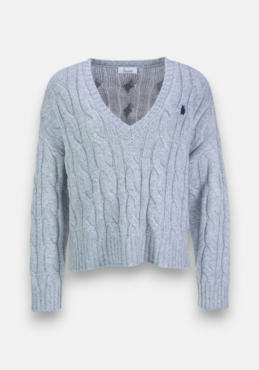 A light gray wool-cashmere Zopfstrick pullover by Princess Goes Hollywood with a deep V-neck, long sleeves, ribbed cuffs and hem, small navy logo on the left chest, and a slightly cropped, cozy fit.