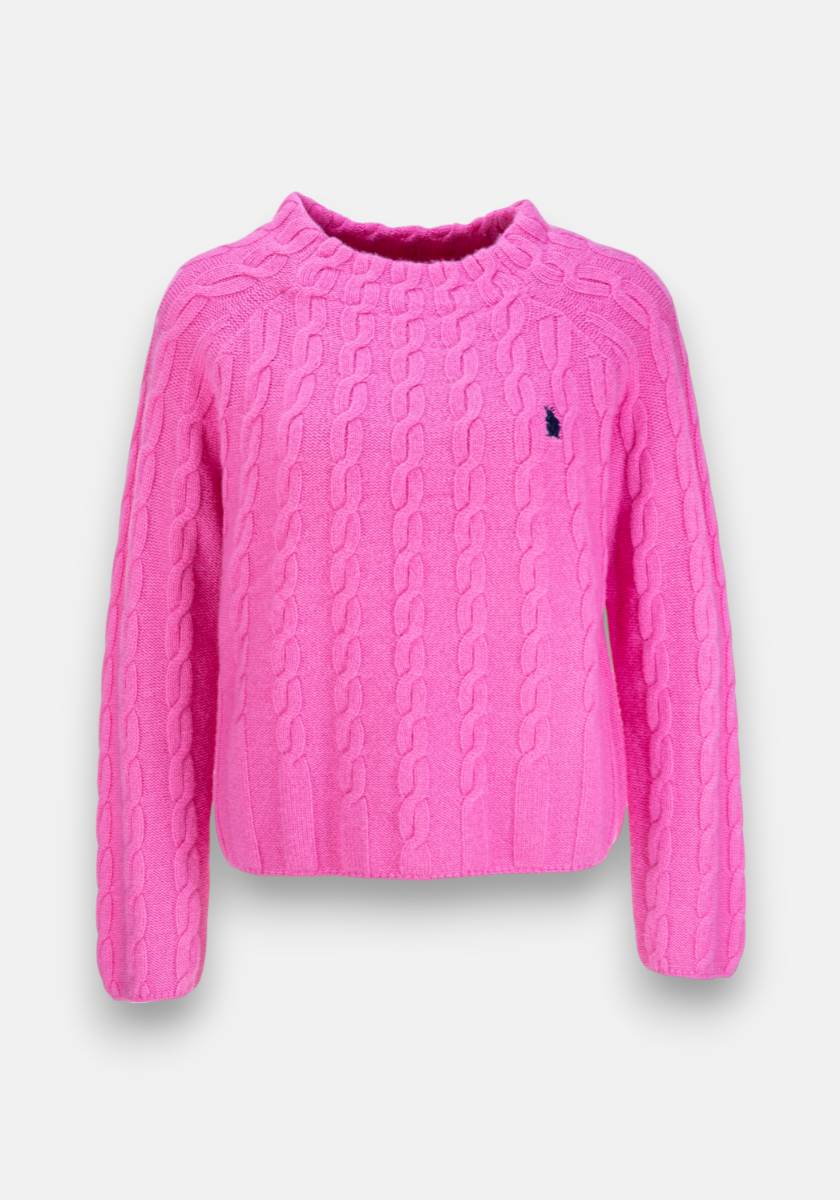 A bright pink Princess Goes Hollywood wool-cashmere blend cable knit pullover with long sleeves, crew neck, and a small navy blue logo on the left chest, shown on a plain white background.