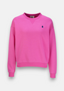 The Princess Goes Hollywood bright pink crewneck Sweatpullover features long sleeves, ribbed cuffs and hem, soft Baumwolle fleece, and a small navy blue embroidered logo on the left chest. Shown on a white background.