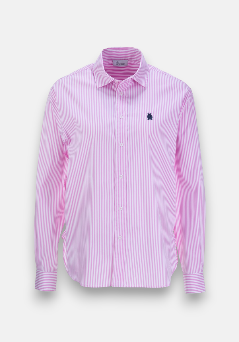 A long-sleeve Baumwollhemd in Regular Fit by Princess Goes Hollywood with thin pink and white vertical stripes, classic collar, buttoned cuffs, and a small blue chest logo, shown on a plain white background.