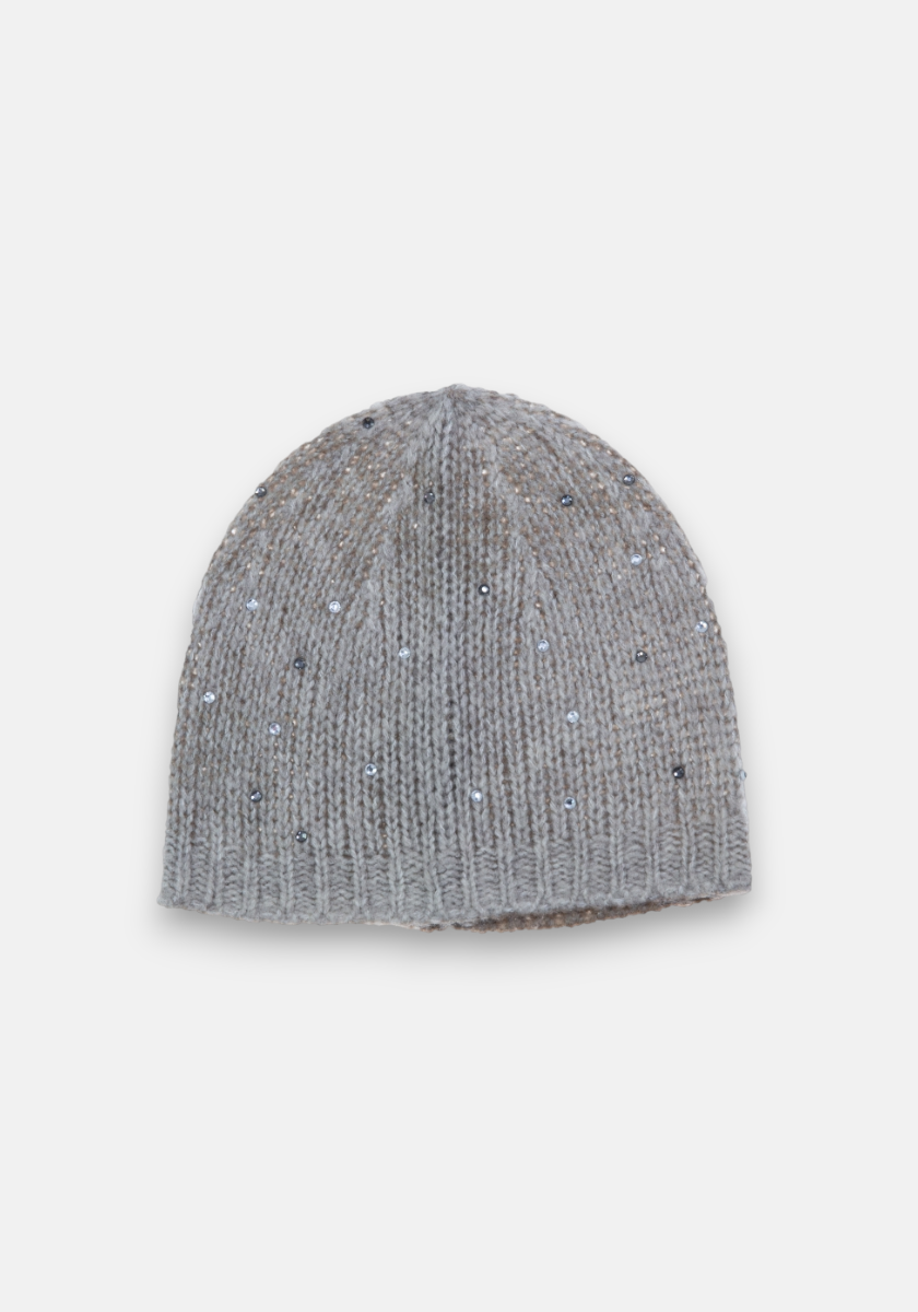 A light gray Princess Goes Hollywood Strickmütze Damen displayed on a white background, featuring a simple knit pattern, ribbed edge, and scattered small silver sequins for a subtle sparkle.