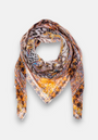 A colorful quadratisches Tuch by Princess Goes Hollywood is arranged in a loose triangle, featuring ornate baroque Snake-Leo-Print in brown, black, gray, and cream on light fabric—a striking Baumwolle-Seide-Mix.