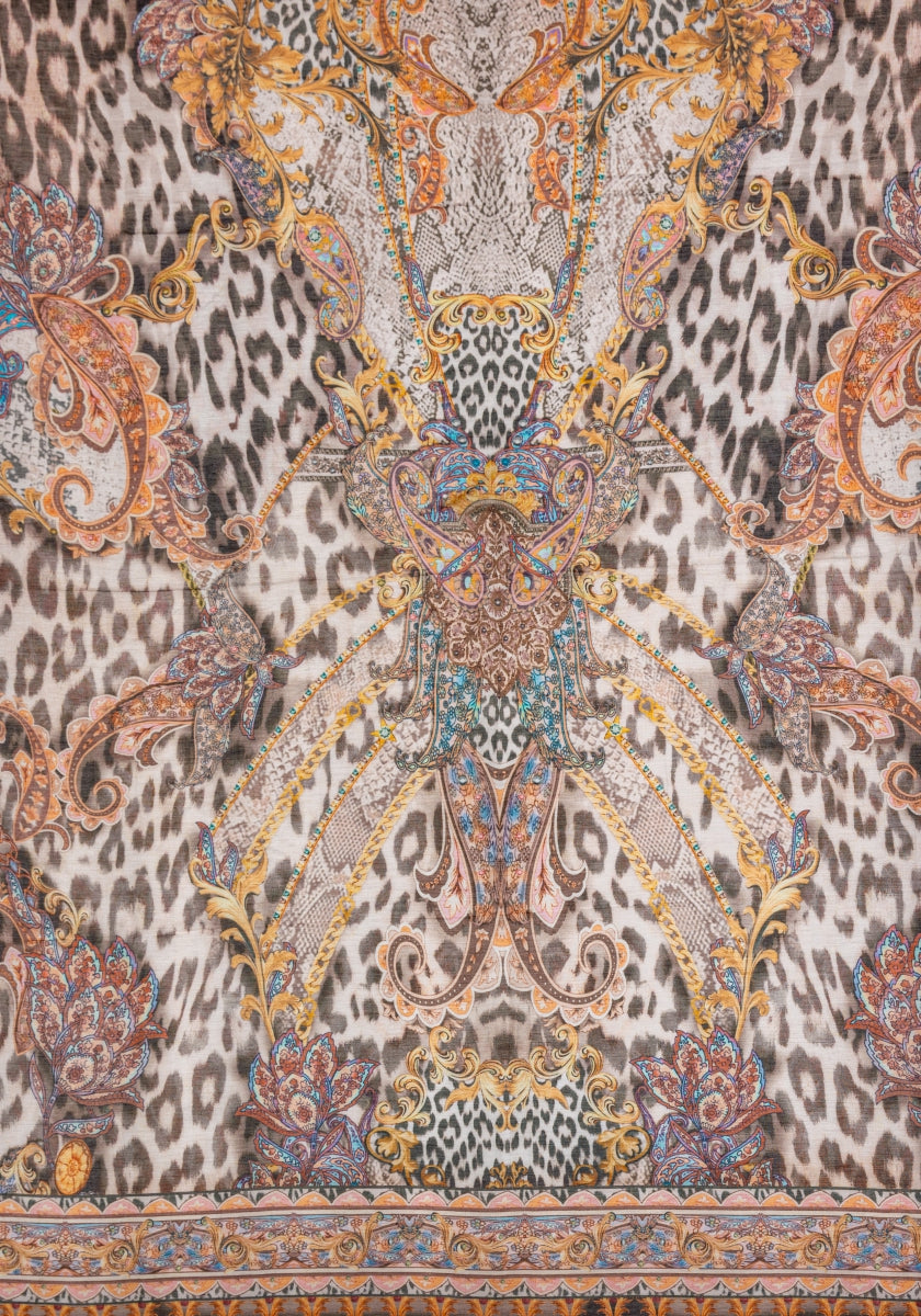 Princess Goes Hollywood quadratisches Tuch with Snake-Leo-Print in beige, brown, and black. Features gold, orange, and teal paisley and baroque motifs on a luxurious cotton-silk blend for a rich, decorative look.