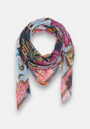 A lightweight, rectangular scarf by Princess Goes Hollywood with a vibrant Retro-Blumen-Print in pink, yellow, orange, blue, and green. This cotton-wool blend accessory is finished with intricate designs and delicate fringed edges.