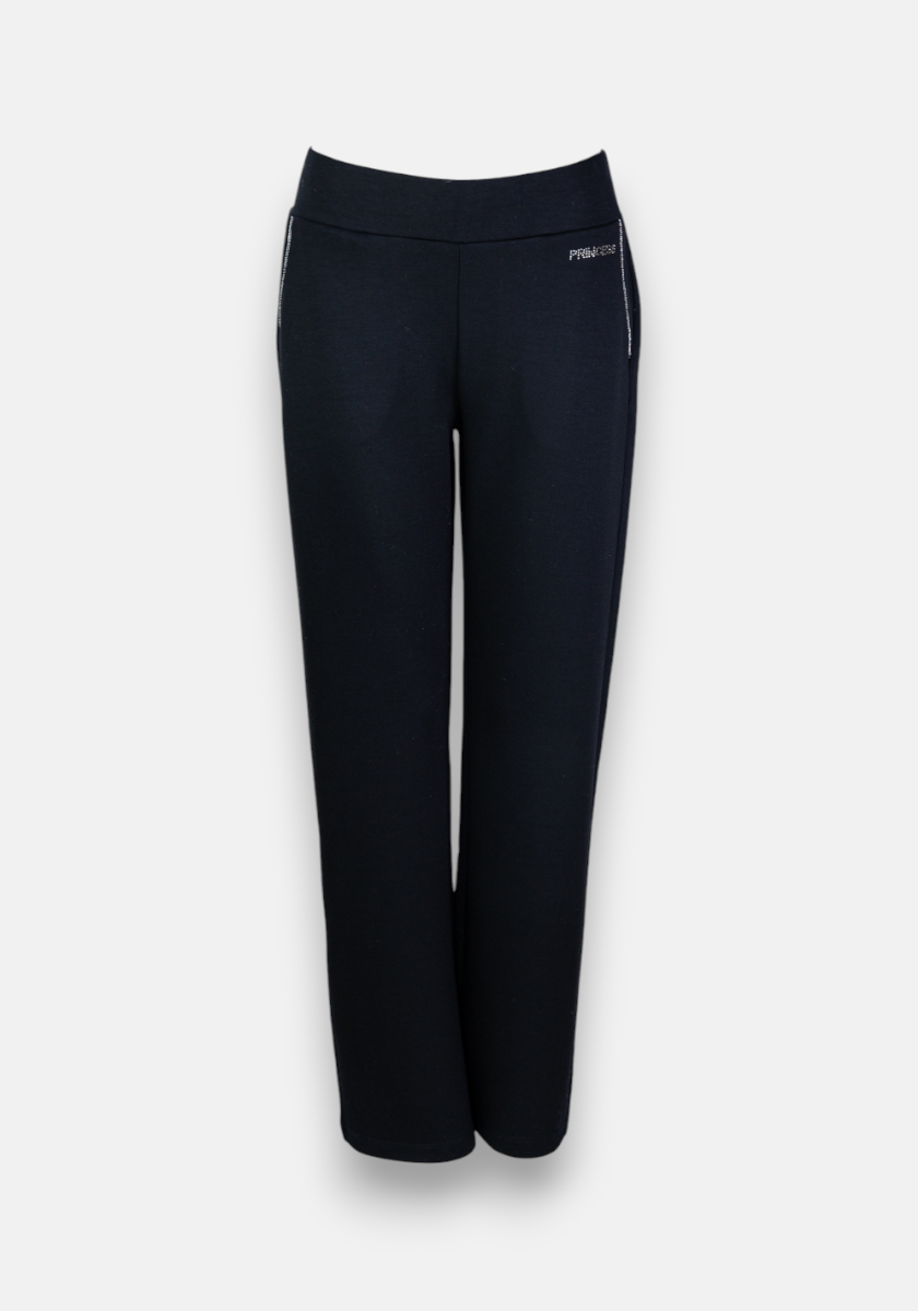 Black straight-leg sweathose by Princess Goes Hollywood with elastic waistband and zippered side pockets. A subtle white logo accents the left hip, while the light gray backdrop highlights its clean, sporty design.