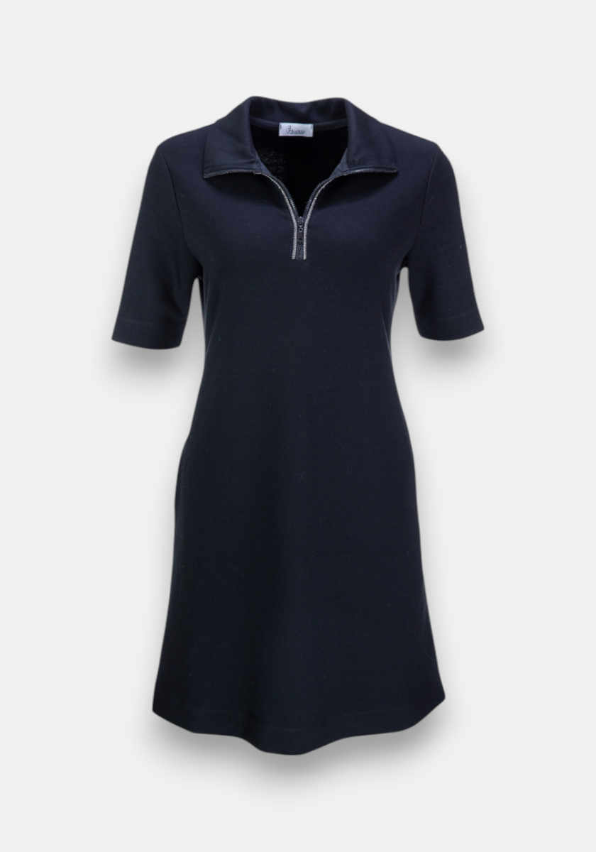 A black short-sleeve Mini Sweatkleid by Princess Goes Hollywood with a subtle A-line, Reverskragen, and front zipper from chest to neckline. The soft, slightly stretchy fabric contrasts with the plain white background.