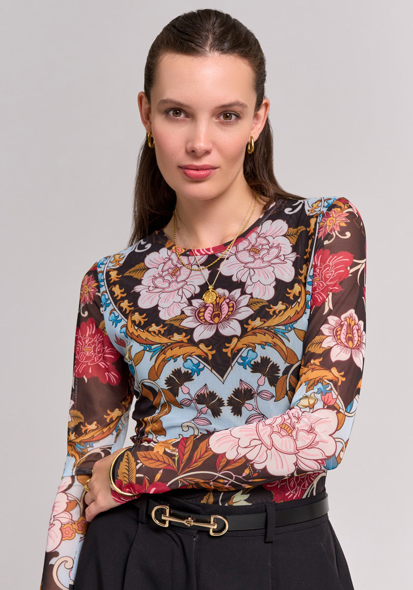 Chemise à manches longues en maille à fleurs rétro