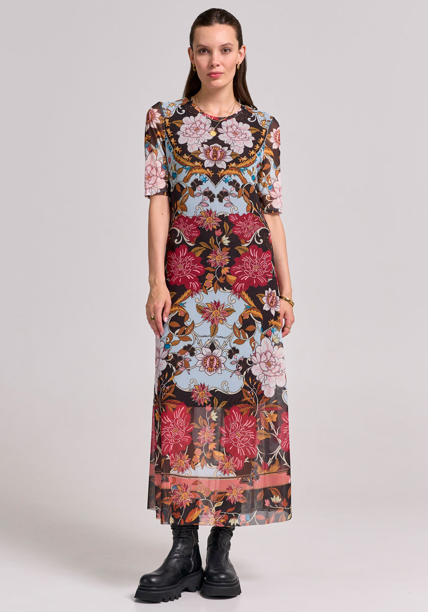 Long mesh short-sleeved dress retro flowers