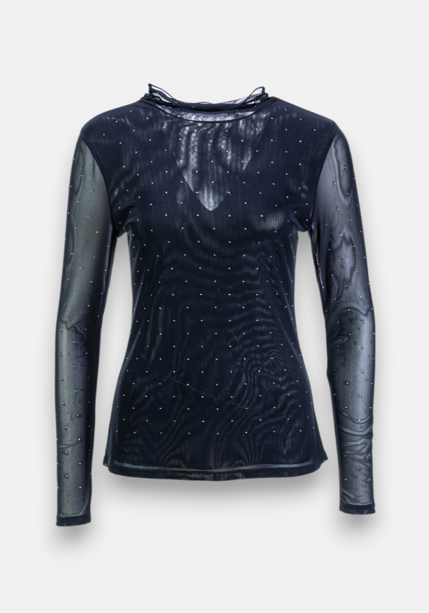 The Princess Goes Hollywood Mesh-Shirt features sheer black semi-transparent mesh, a fitted silhouette, and subtle strass embellishments scattered across the front and sleeves for an elegant look.