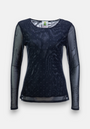 A black mesh shirt by Princess Goes Hollywood with transparent sleeves and a round neckline. The sheer fabric is embellished with small white dots, shown front view on a white background.