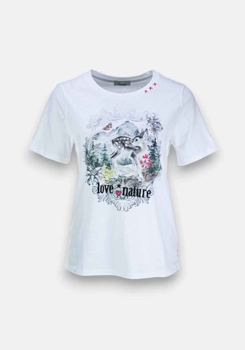 White short-sleeved Baumwoll T-Shirt by Princess Goes Hollywood featuring a deer, trees, “love nature” text, and three pink birds on a light gray background.