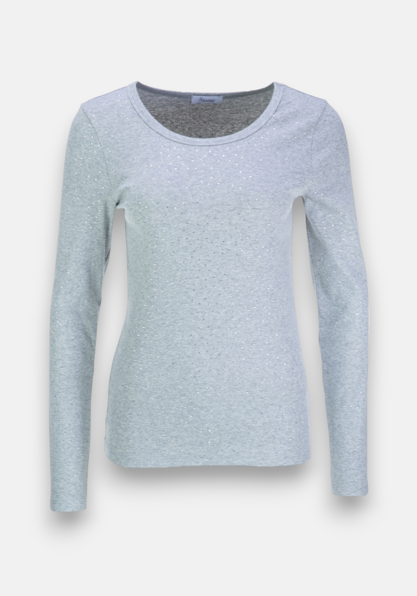 Princess Goes Hollywood women’s long-sleeve shirt in light grey cotton with a round neckline. Features subtle all-over sparkling Strass embellishments for a shimmery look. Shown against a plain white background.