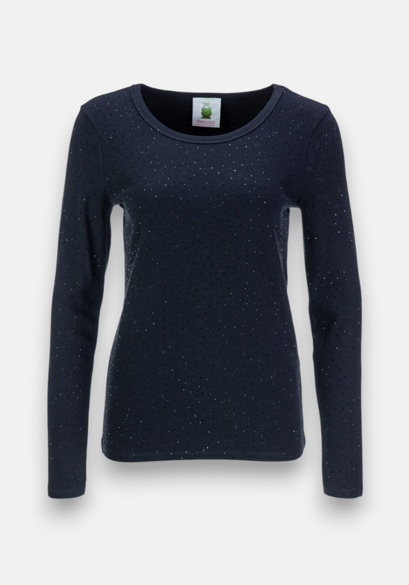 A womens fitted black long-sleeve Baumwoll-Shirt by Princess Goes Hollywood, featuring a round neckline, stretch comfort, and small, evenly spaced silver or white Strass embellishments on the front and sleeves. Shirt is shown on a light gray background.