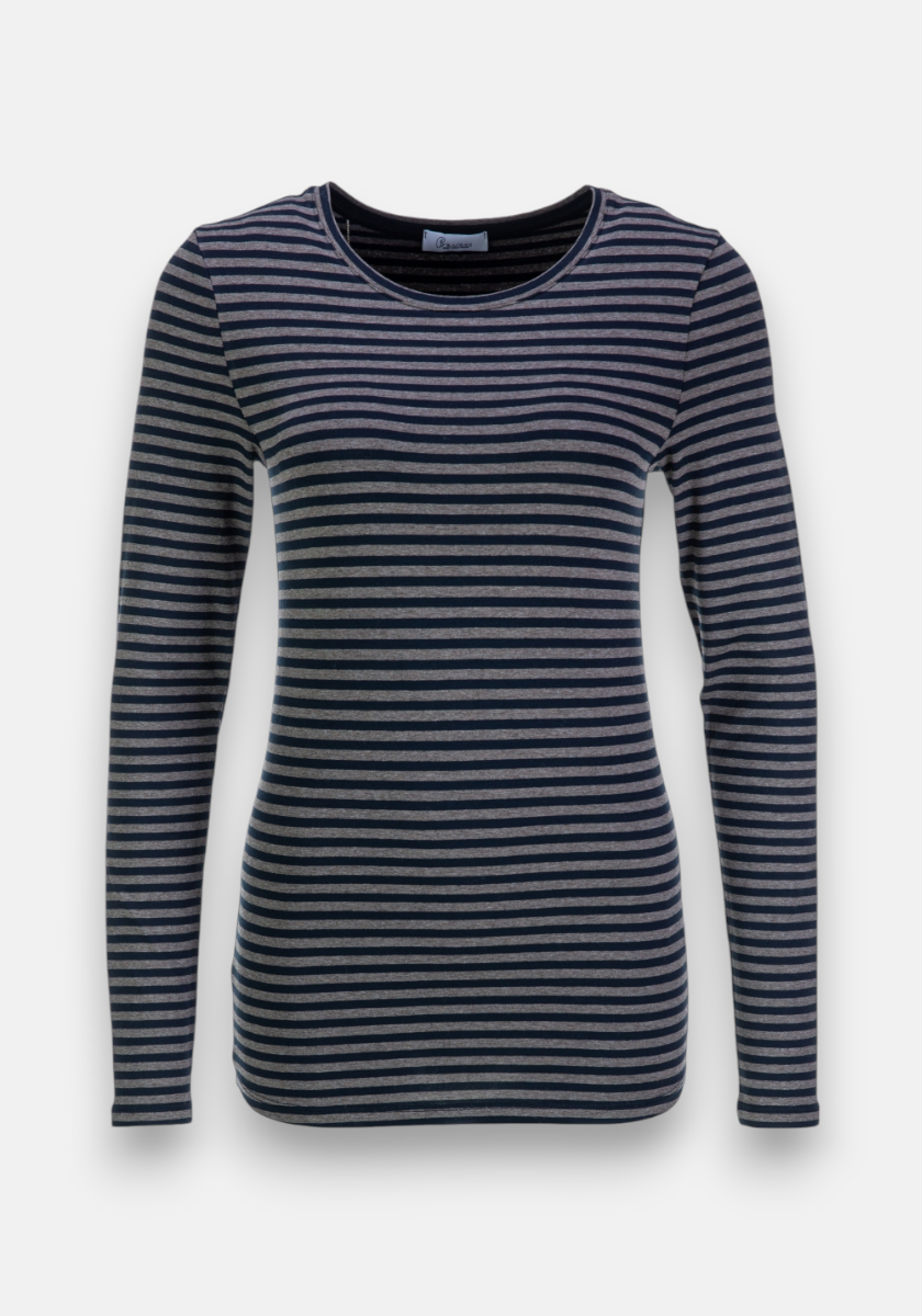 Ein gestreiftes Langarmshirt von Princess Goes Hollywood für Damen mit Stretchanteil, rundem Ausschnitt und schwarzen sowie grauen Streifen. Das figurbetonte Shirt wird vor weißem Hintergrund ohne sichtbare Logos präsentiert.