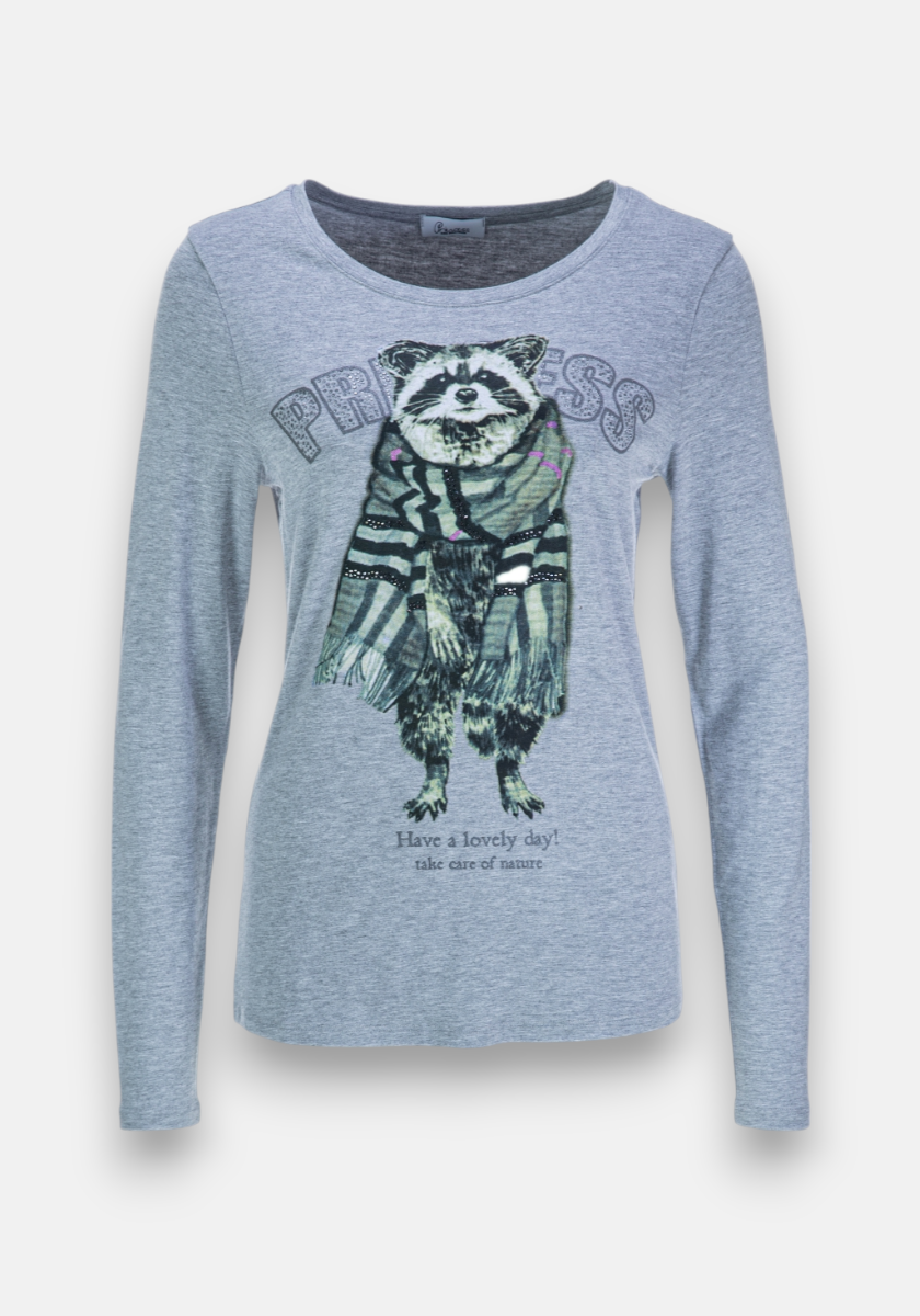 This light grey Princess Goes Hollywood Langarmshirt features a raccoon in a patterned scarf with sparkling Strass accents, “PRINCESS” above, and “Have a lovely day! take care of nature” printed below.