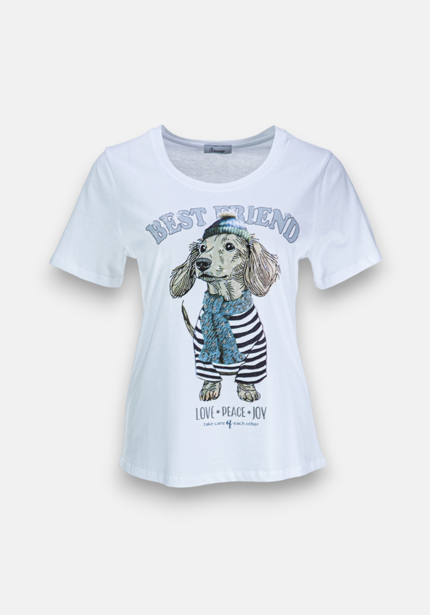 A white Baumwolle T-Shirt for women by Princess Goes Hollywood features a Dackel dog in a sailor hat, with "BEST FRIEND" above and "LOVE PEACE JOY" plus "Take care of each other" below for a sweet touch.