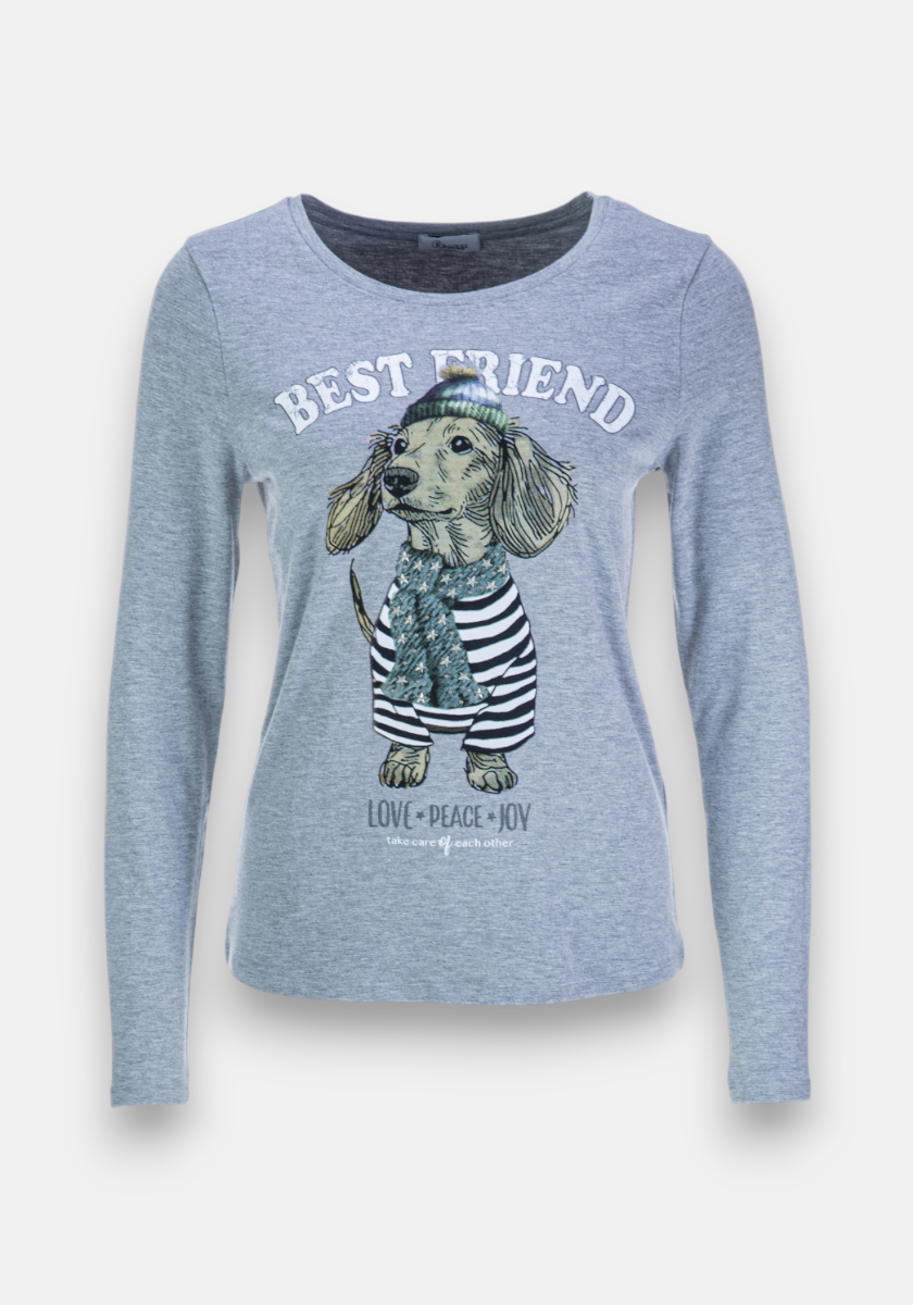 A light gray Langarmshirt by Princess Goes Hollywood with a cute dachshund in stripes and scarf. “BEST FRIEND” is printed above, “LOVE * PEACE * JOY” below. The plain white background accentuates the charming design.