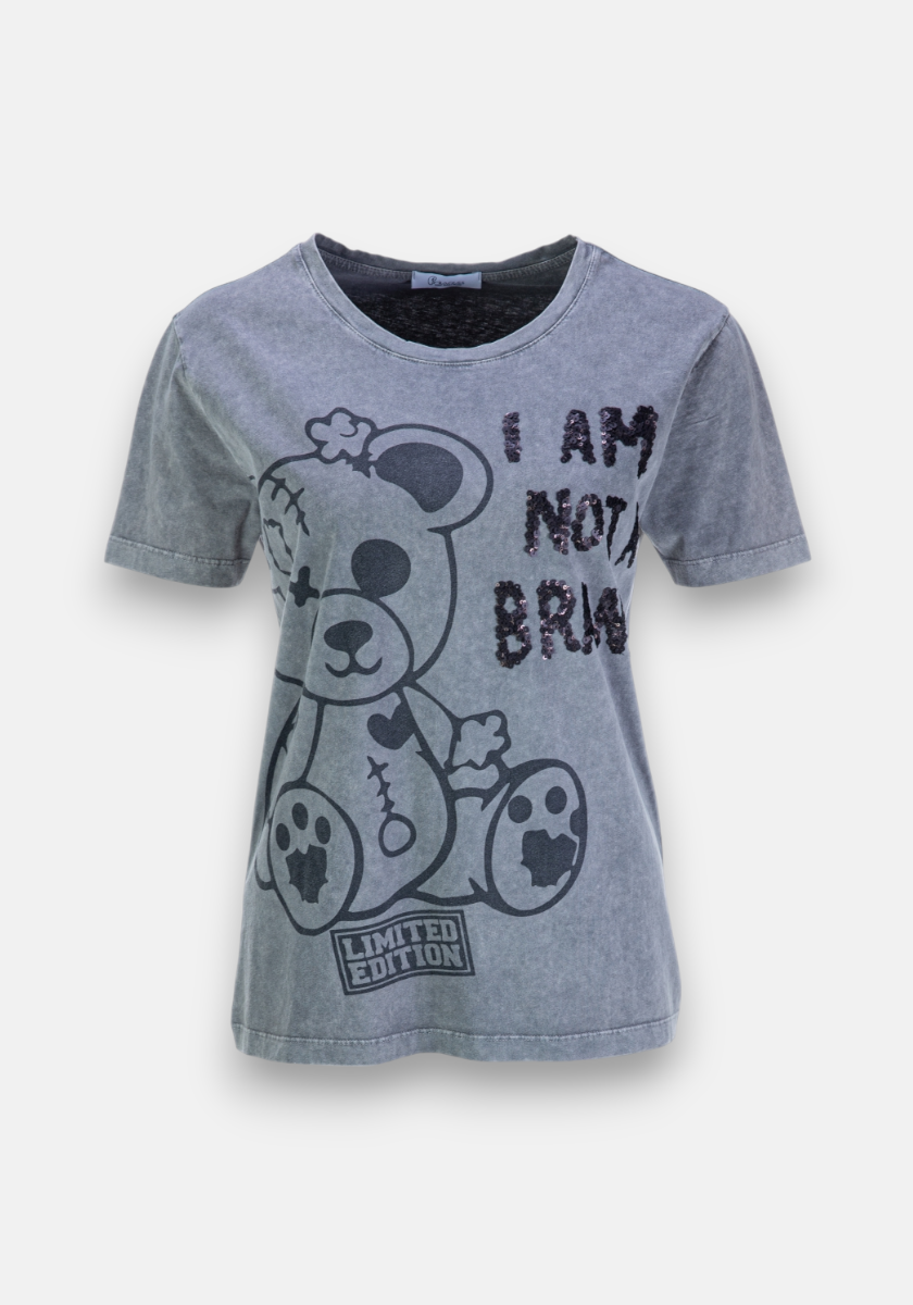 This faded gray Baumwolle T-shirt by Princess Goes Hollywood features a large patchwork teddy bear graphic with one eye, a heart-shaped nose, subtle sequin details, “I AM NOT BROKEN” in distressed black letters, and “LIMITED EDITION” near the hem.