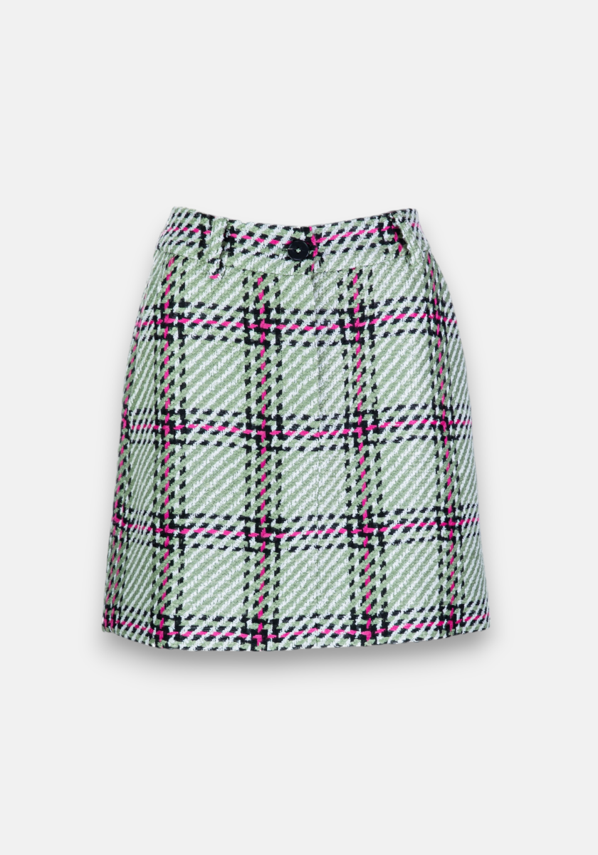 The Princess Goes Hollywood Tweed Minirock is high-waisted with a bold black, pink, and green check on white. It features a front button, belt loops, textured woven fabric, an A-line cut, straight hem, and no visible pockets.