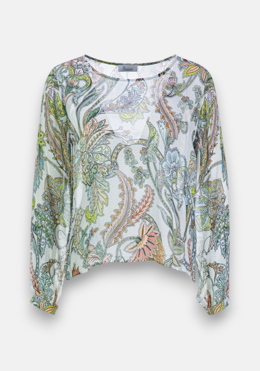 Sheer blouse by Princess Goes Hollywood with long sleeves and an intricate paisley print in green, yellow, pink, and blue. Loose fit and slightly gathered cuffs create an airy, elegant look.