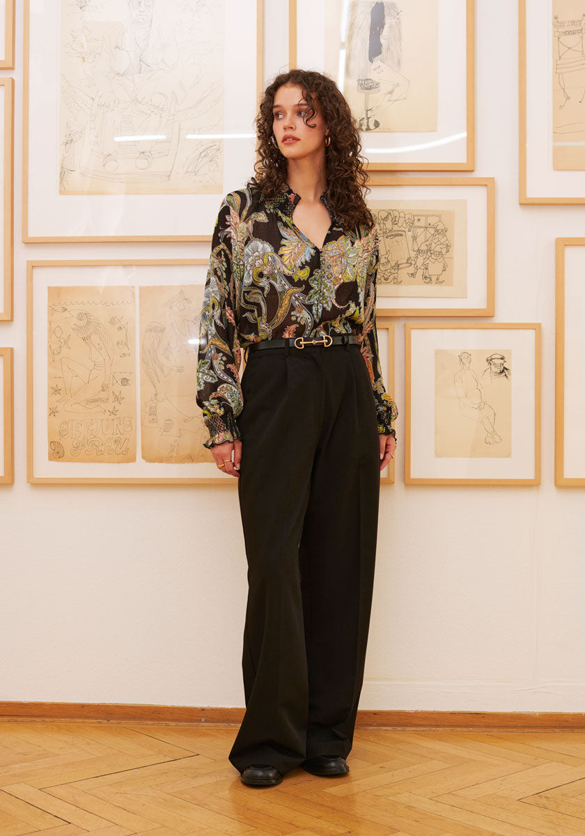 Bluse black Paisley mit Rüschen