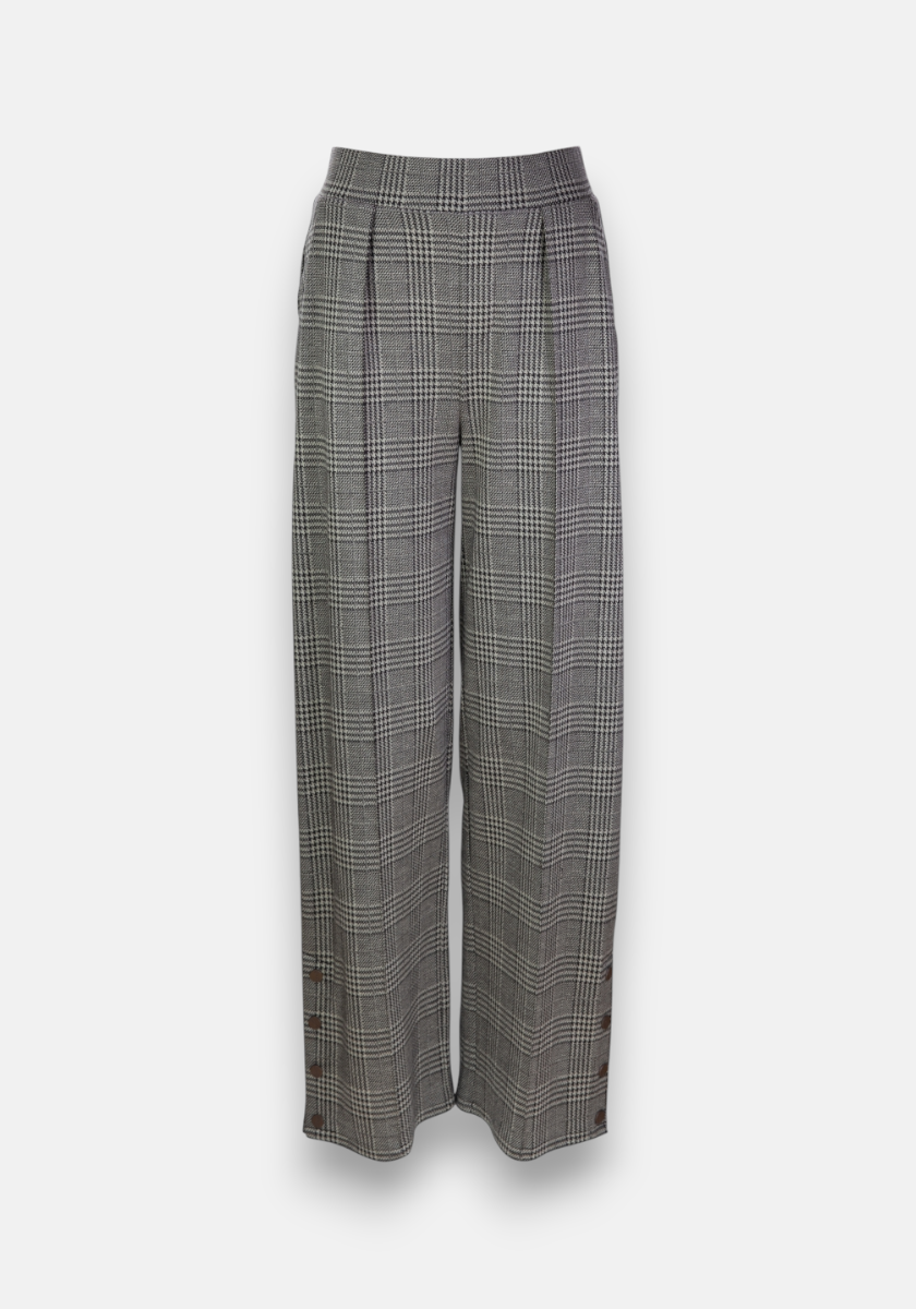 Princess Goes Hollywood presents high-waisted, wide-leg gray plaid trousers featuring a fine check pattern, pleats at the waist, elastic waistband, and dark buttons along the lower side seams for a stylish, tailored touch.