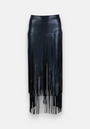 A black high-waisted Kunstleder Minirock by Princess Goes Hollywood features long fringe from hips to hem, a sleek Reissverschluss, and shiny layered material. The light gray background highlights its stylish fringe effect.