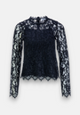 A black long-sleeve Häkelspitze blouse by Princess Goes Hollywood with a Stehkragen, floral patterns, and scalloped hem, cuff, and neck edges. This fitted semi-sheer blouse reveals a contrasting light background underneath.