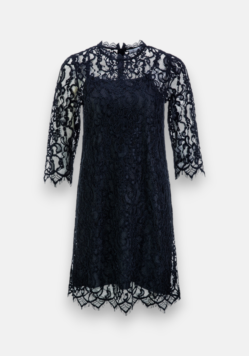 A knee-length, navy blue lace dress by Princess Goes Hollywood with 3/4 sleeves, stand-up collar, floral crochet details, scalloped edges, and a fitted silhouette. Shown on a plain light gray background.