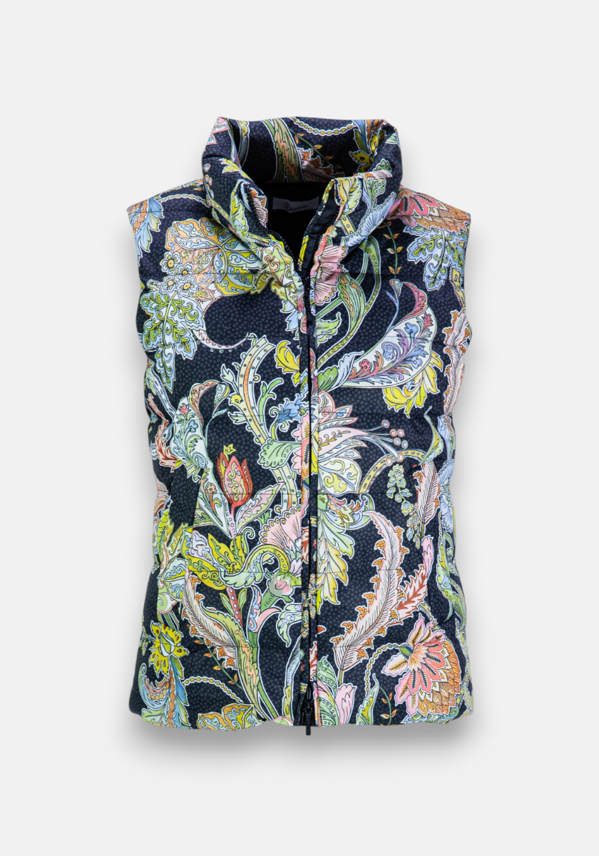 A sleeveless, zip-up Steppweste by Princess Goes Hollywood with a Stehkragen features a vibrant multicolored paisley print and intricate floral and leaf motifs in yellow, green, pink, and blue for a bold, eye-catching look.
