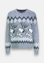 The Princess Goes Hollywood Jacquardstrick Pullover in gray features white and black geometric patterns with three Snoopy Winter motifs. Made from a cozy Merino-Alpaka mix, it has ribbed crew neck, cuffs, and waistband.