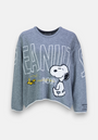 A gray Princess Goes Hollywood Peanuts Pullover displays bold white "PEANUTS" lettering, a cute motif of Snoopy with Woodstock tugging his nose, and "HAPPINESS IS BEING ONE OF THE GANG" printed on the sleeve.